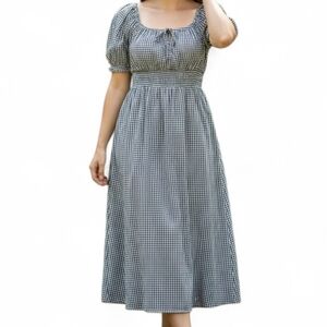 Elegant Prarie Black and White Gingham Smocked Waist Cotton Maxi Dress